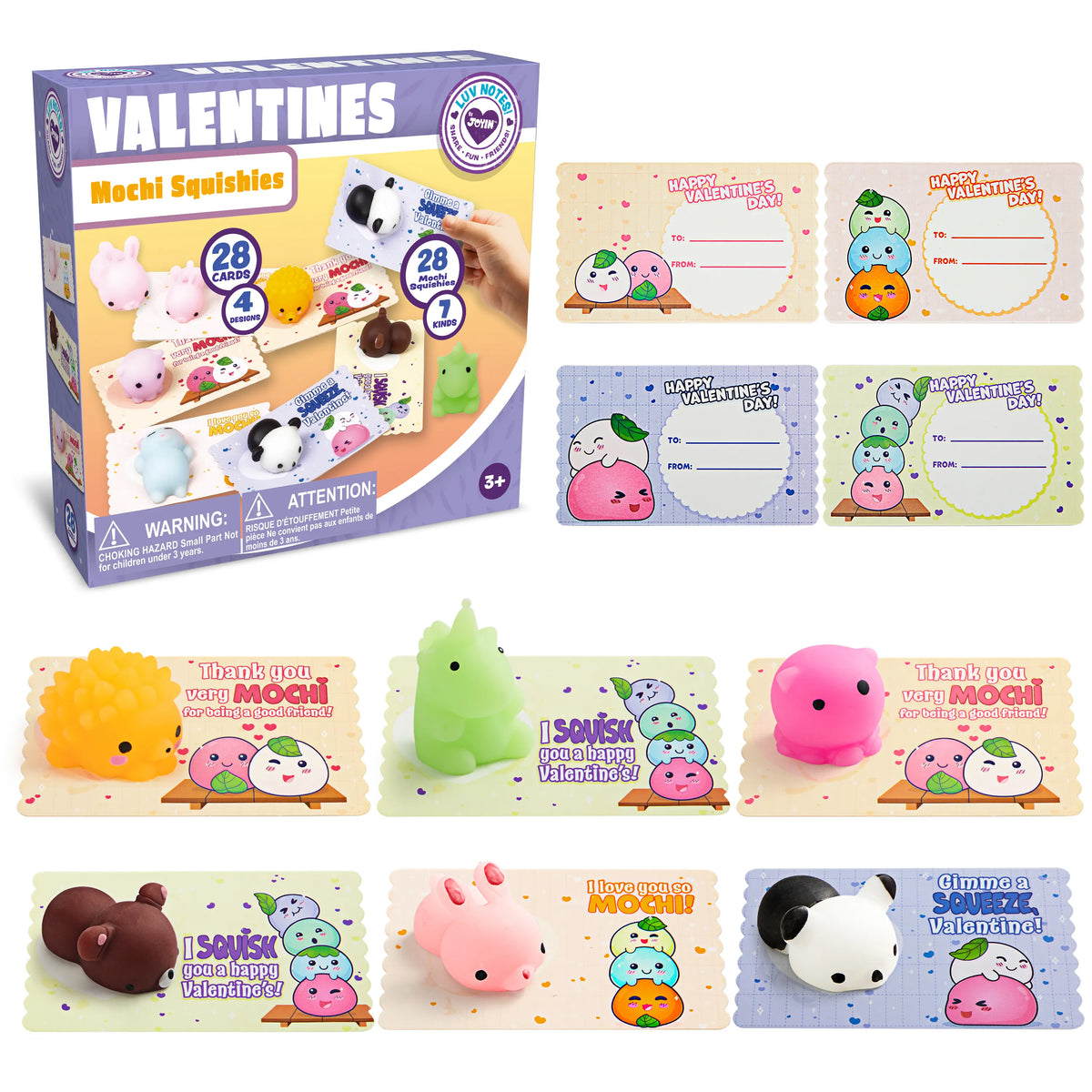 28Pcs Mochi Squishy Toys with Kids Valentines Cards for Classroom Exchange