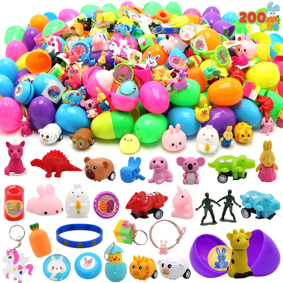 200Pcs 2.25in Prefilled Easter Eggs Bursting with Novelty Toys and Stickers