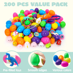 200Pcs 2.25in Prefilled Easter Eggs Bursting with Novelty Toys and Stickers