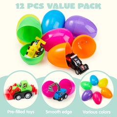 12Pcs Pull Back Cars 3.2in Prefilled Easter Eggs for Easter Egg Hunt