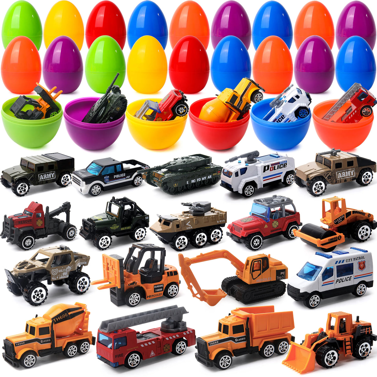 18Pcs Diecast Vehicles Prefilled Jumbo Easter Eggs 3.35in