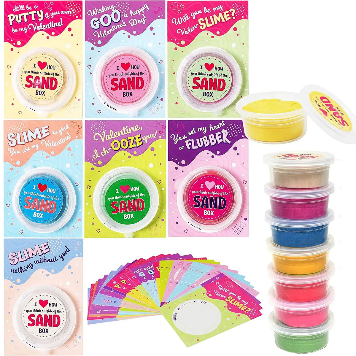 28Pcs Valentines Sand Slime with Valentines Day Cards for Kids-Classroom Exchange Gifts