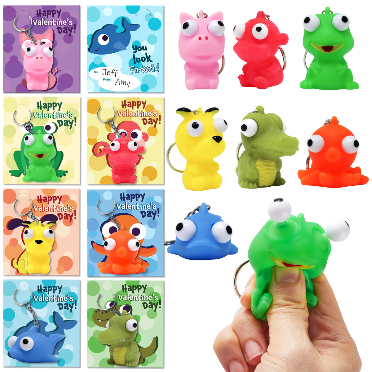 28Pcs Animal Keychains featuring Bulging Eyes with Kids Valentines Cards