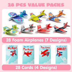 28Pcs Foam Airplanes With Kids Valentines Cards for Classroom Exchange