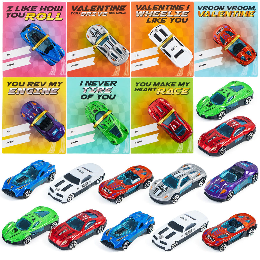 28Pcs Kids Valentines Cards with Die-Cast Racing Cars-Classroom Exchange Gifts