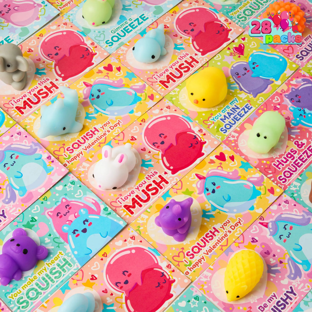 28Pcs Squishy Toys with with Valentines Day Cards for Kids-Classroom Exchange Gifts