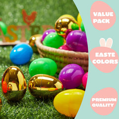 300Pcs 2.3in Bright Solid Assorted Colors and 6 Golden Easter Egg Shells for Easter Egg Hunt