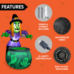 6 ft Tall Witch Cauldron Inflatable Decoration with Projecting Green Ghost