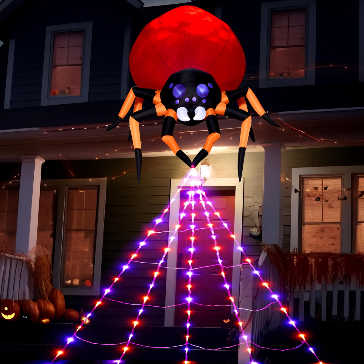 8 ft Tall Hanging Spider with Spider Web Net Lights Inflatable Decoration