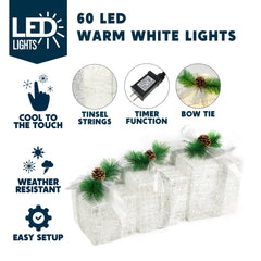 3 LED Yard Lights - 5, 6, 7.5 in Tinsel Gift Box (Warm White)