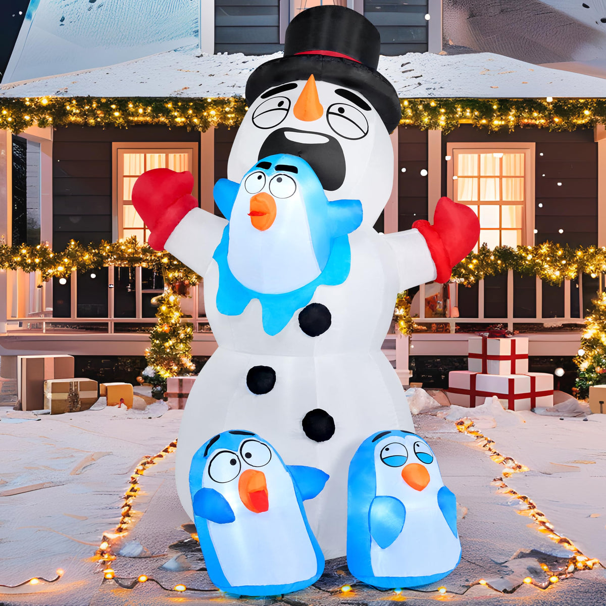 6 ft Tall Snowman Playing with Penguins Inflatable Decoration