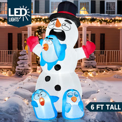6 ft Tall Snowman Playing with Penguins Inflatable Decoration