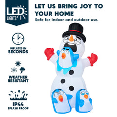 6 ft Tall Snowman Playing with Penguins Inflatable Decoration