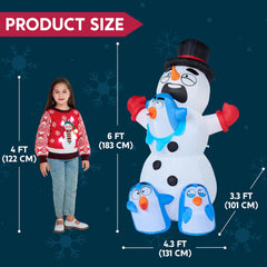6 ft Tall Snowman Playing with Penguins Inflatable Decoration