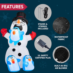 6 ft Tall Snowman Playing with Penguins Inflatable Decoration