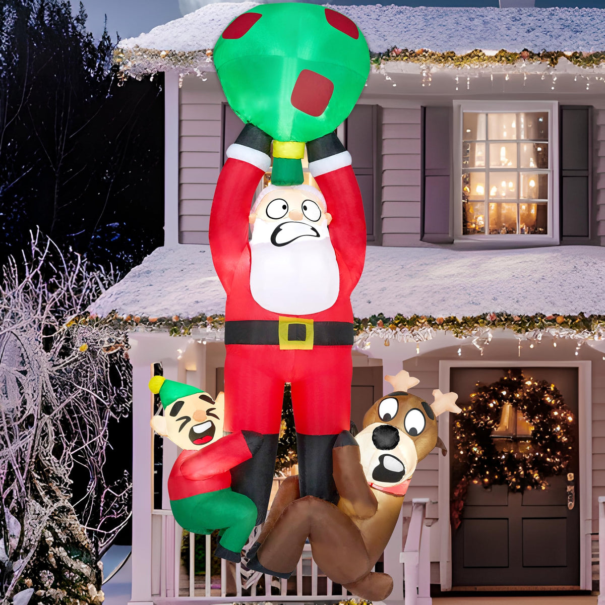 8 ft Tall Santa with Friends Hanging on the Roof Inflatable Decoration