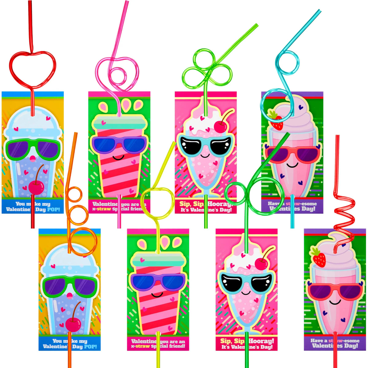 32Pcs Kids Valentines Cards with Colorful Loop Reusable Drinking Straws-Classroom Exchange Gifts