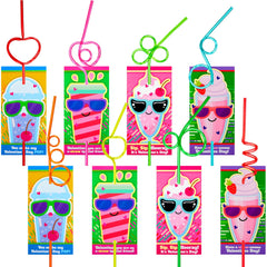 32Pcs Kids Valentines Cards with Colorful Loop Reusable Drinking Straws-Classroom Exchange Gifts