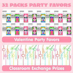 32Pcs Kids Valentines Cards with Colorful Loop Reusable Drinking Straws-Classroom Exchange Gifts