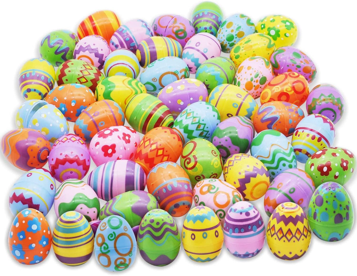 48Pcs Plastic Printed Bright Easter Egg Shells 2.3in