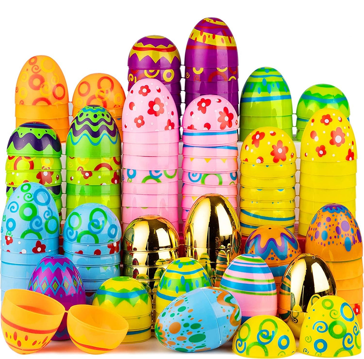 72Pcs Plastic Printed Bright Easter Egg Shells 3in