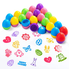 24 Packs 1.75in Prefilled Easter Egg with Self Inking Stamps for Kids Classroom Exchange