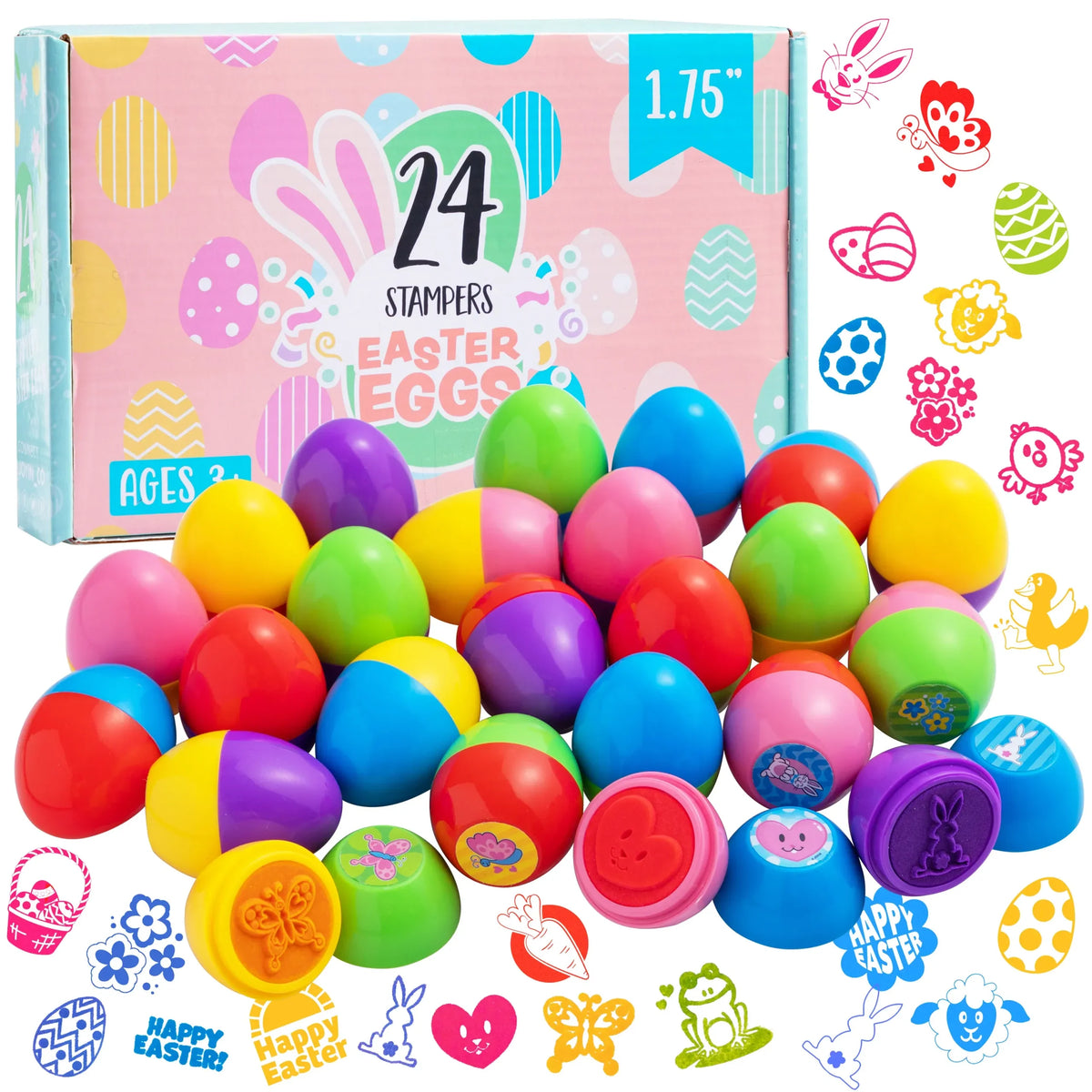 24 Packs 1.75in Prefilled Easter Egg with Self Inking Stamps for Kids Classroom Exchange