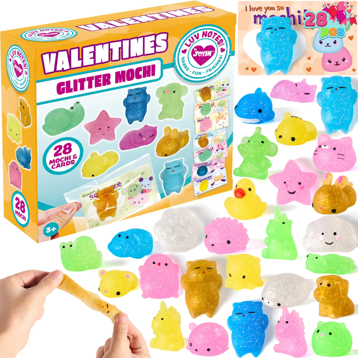 28Pcs Kawaii Glitter Mochi Squishy Toy with Valentines Day Cards for Kids-Classroom Exchange Gifts