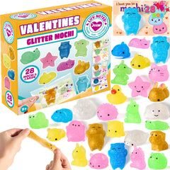 28Pcs Kawaii Glitter Mochi Squishy Toy with Valentines Day Cards for Kids-Classroom Exchange Gifts