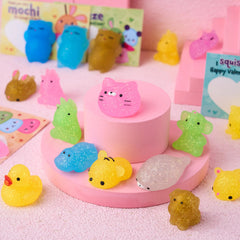 28Pcs Kawaii Glitter Mochi Squishy Toy with Valentines Day Cards for Kids-Classroom Exchange Gifts
