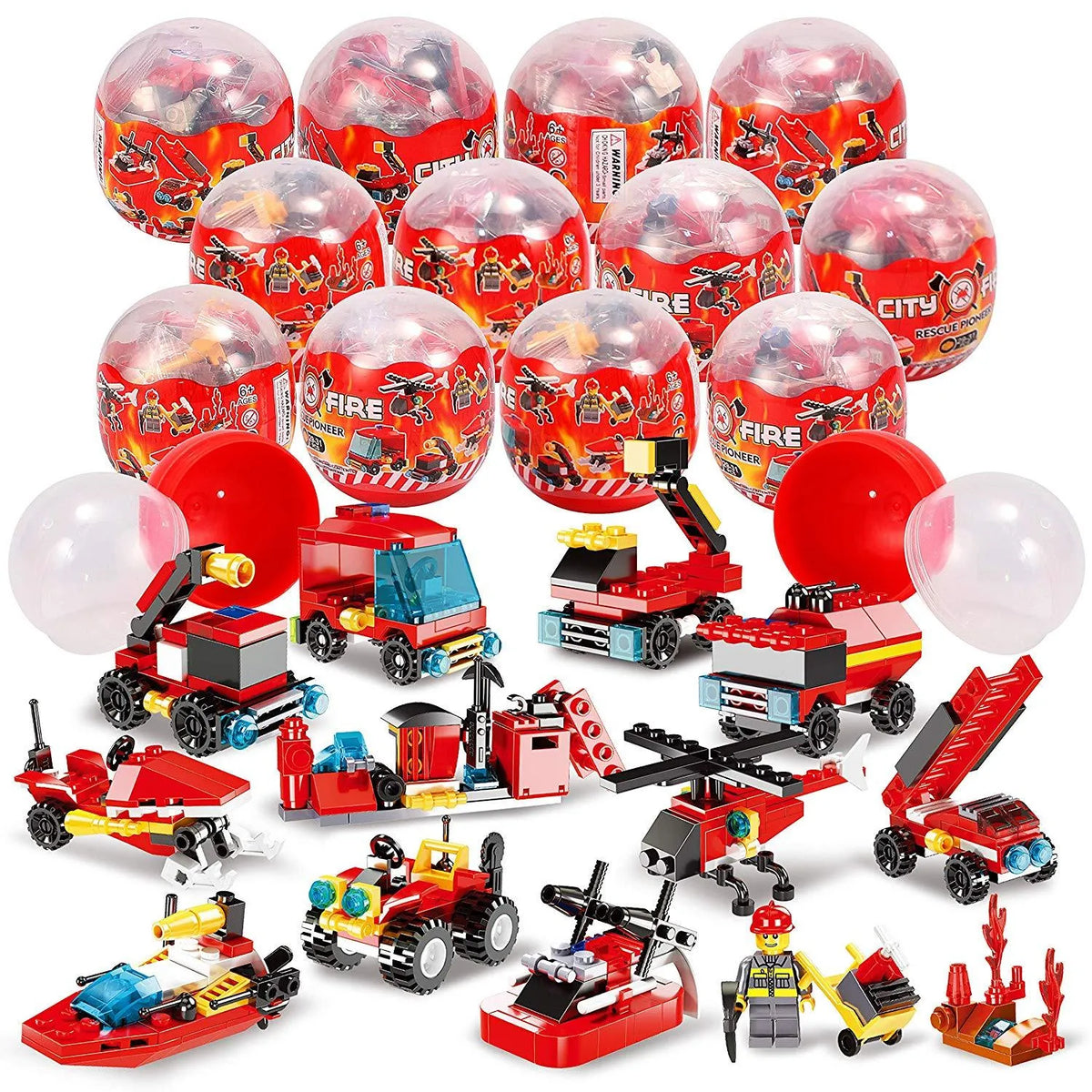 12Pcs Fire Truck Building Blocks Prefilled Easter Eggs 2.8in