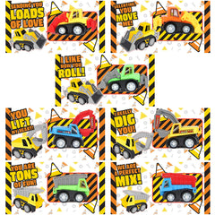 28Pcs Mini Construction Vehicle Toy with Kids Valentines Cards for Classroom Exchange