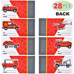 28Pcs Kids Valentines Cards with Die-cast Fire Rescue Vehicle-Classroom Exchange Gifts