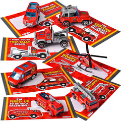 28Pcs Kids Valentines Cards with Die-cast Fire Rescue Vehicle-Classroom Exchange Gifts