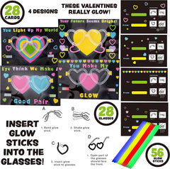 28Pcs Kids Valentines Cards with Heart Shaped Glasses and Light-up Glow Sticks-Classroom Exchange Gifts