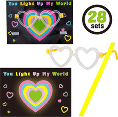 28Pcs Kids Valentines Cards with Heart Shaped Glasses and Light-up Glow Sticks-Classroom Exchange Gifts