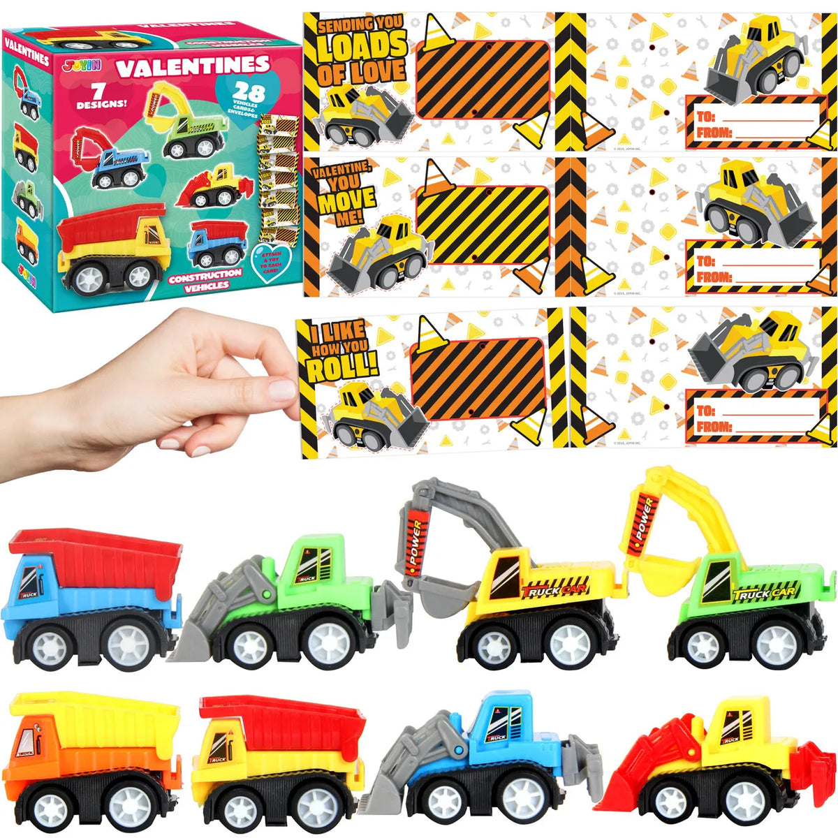28Pcs Mini Construction Vehicle Toy with Kids Valentines Cards for Classroom Exchange