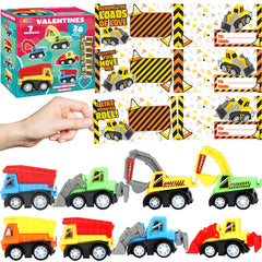 28Pcs Mini Construction Vehicle Toy with Kids Valentines Cards for Classroom Exchange
