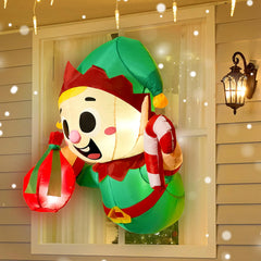 3.5ft Tall Christmas Inflatable Santa Elf Broke Out from Window with Built-in LEDs