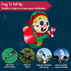 3.5ft Tall Christmas Inflatable Santa Elf Broke Out from Window with Built-in LEDs