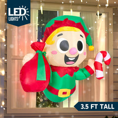 3.5ft Tall Christmas Inflatable Santa Elf Broke Out from Window with Built-in LEDs