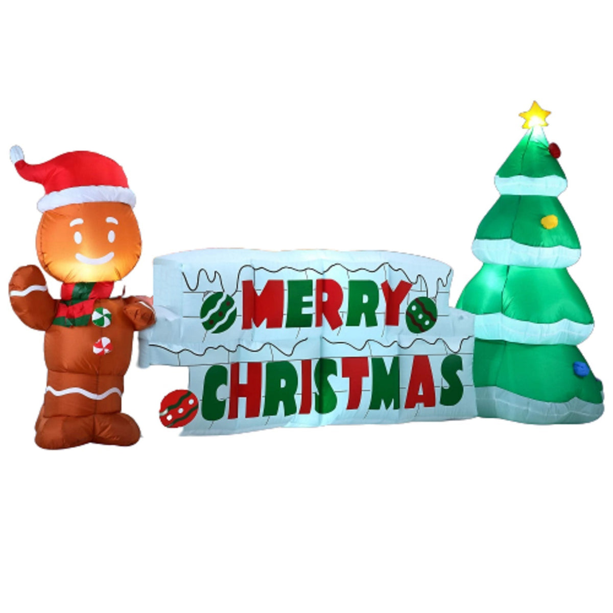 10ft Wide Merry Christmas Sign with Tree & Gingerbread Man Inflatable