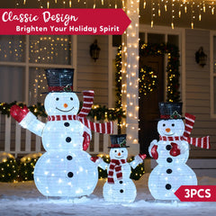 3Pcs 3D Christmas Collapsible Snowman with 270 Pre-Lit LED Cool White Lights