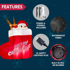 5ft Tall Christmas Inflatable Animated Stocking with Santa and Reindee