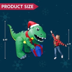 5ft Tall Christmas Dinosaur with Hat Inflatable