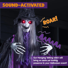 72in Halloween Animated Hanging Talking Purple Witch with Light-up Eyes, Creepy Sound