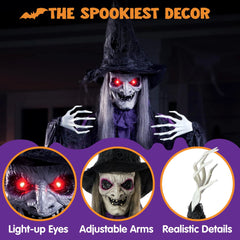 72in Halloween Animated Hanging Talking Purple Witch with Light-up Eyes, Creepy Sound