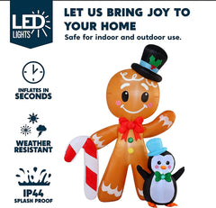 6 FT Tall Inflatable Gingerbread with Penguin Christmas Inflatable with Build-in LEDs