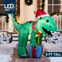 5ft Tall Christmas Dinosaur with Hat Inflatable