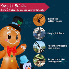 6 FT Tall Inflatable Gingerbread with Penguin Christmas Inflatable with Build-in LEDs